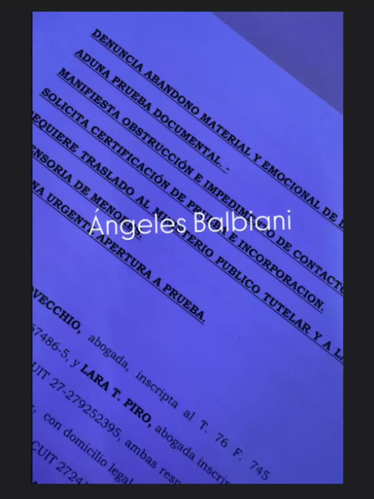 Documento legal con texto en mayúsculas resaltado en negrita bajo una luz azulada, donde se mencionan términos como denuncia, abandono material y emocional, prueba documental y nombres de abogadas Documento legal con texto en mayúsculas resaltado en negrita bajo una luz azulada, donde se mencionan términos como denuncia, abandono material y emocional, prueba documental y nombres de abogadas