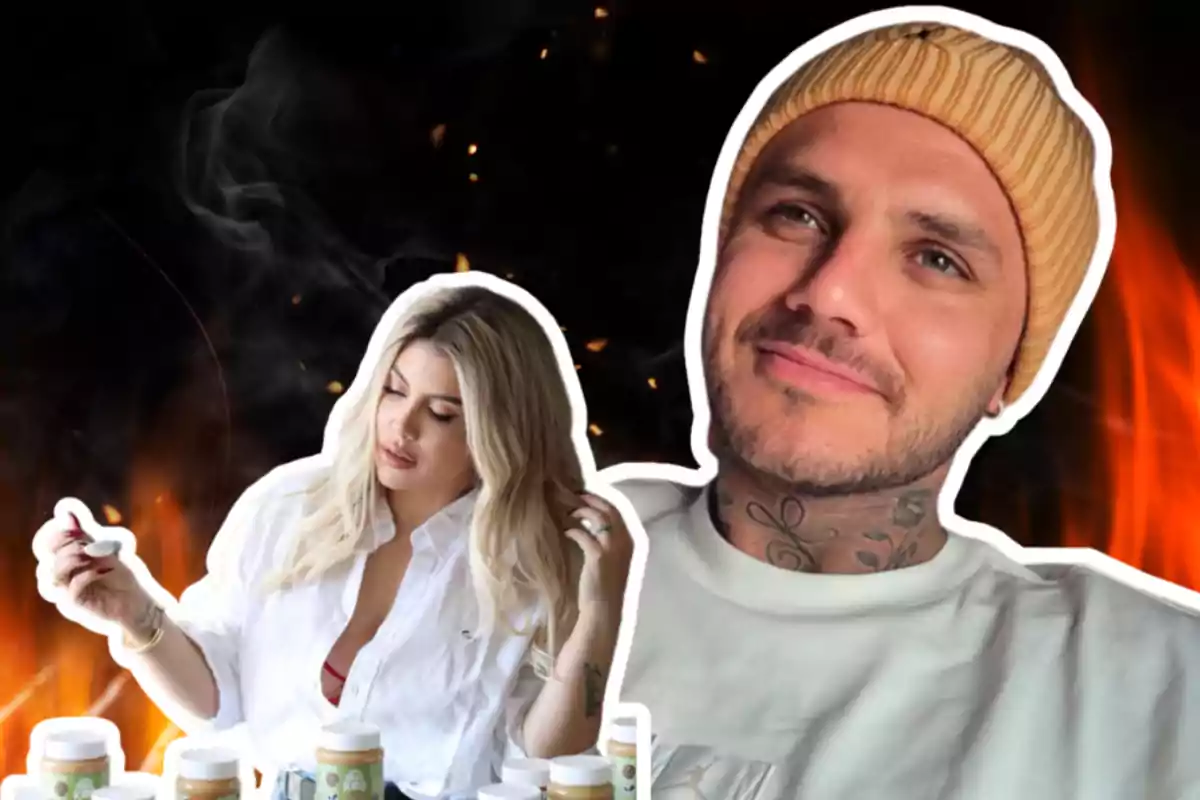 Dos personas recortadas sobre un fondo oscuro con fuego y humo, una mujer rubia con camisa blanca y un hombre con gorro amarillo y tatuajes en el cuello