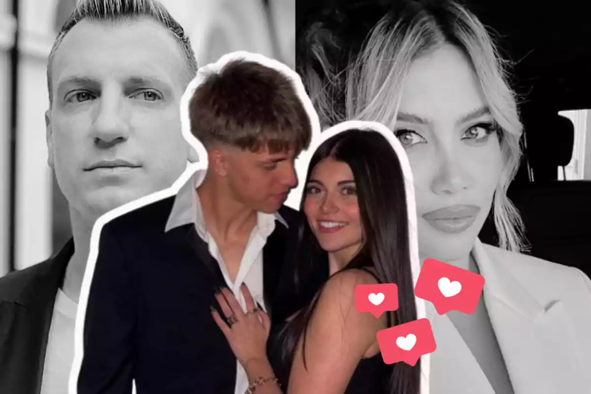 Montaje de cuatro personas, dos en blanco y negro al fondo y una pareja en primer plano con íconos de corazones sobrepuestos