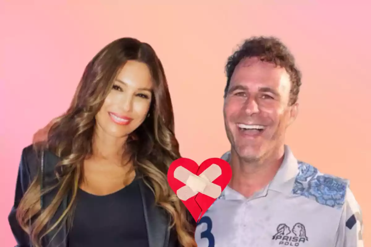 A woman and a man smile in front of a pink and orange gradient background with a broken heart patched with bandages between them.