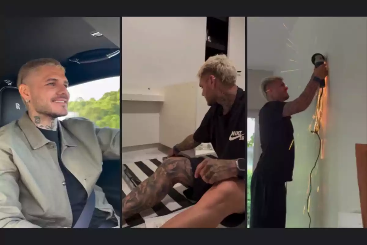 Blond man with tattoos driving a car, assembling furniture, and using a power tool that creates sparks on a wall Blond man with tattoos driving a car, assembling furniture, and using a power tool that creates sparks on a wall