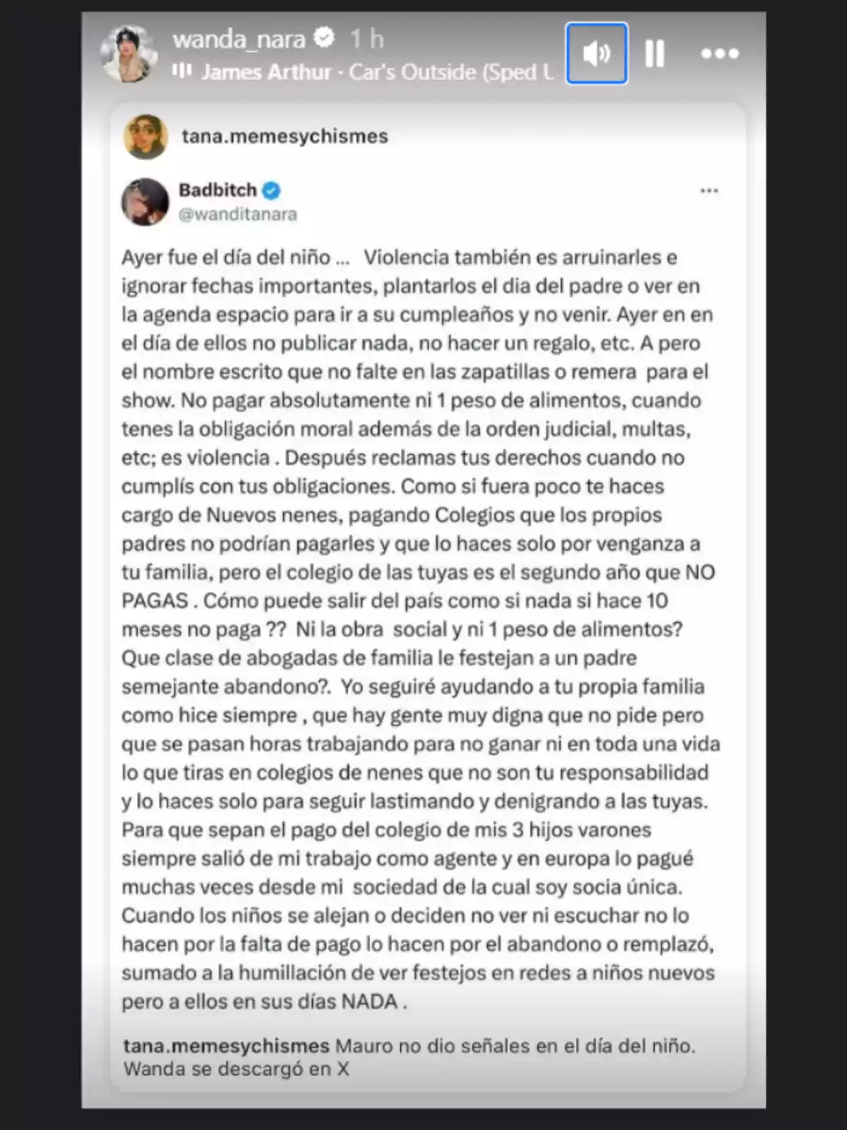 Screenshot of an Instagram story by Wanda Nara showing a post from the account tana.memesychismes with a lengthy text about the importance of fulfilling parental obligations and criticism of the lack of support and abandonment of responsibilities toward children, mentioning issues such as child support payments, absence on important dates, and public humiliation. Screenshot of an Instagram story by Wanda Nara showing a post from the account tana.memesychismes with a lengthy text about the importance of fulfilling parental obligations and criticism of the lack of support and abandonment of responsibilities toward children, mentioning issues such as child support payments, absence on important dates, and public humiliation.