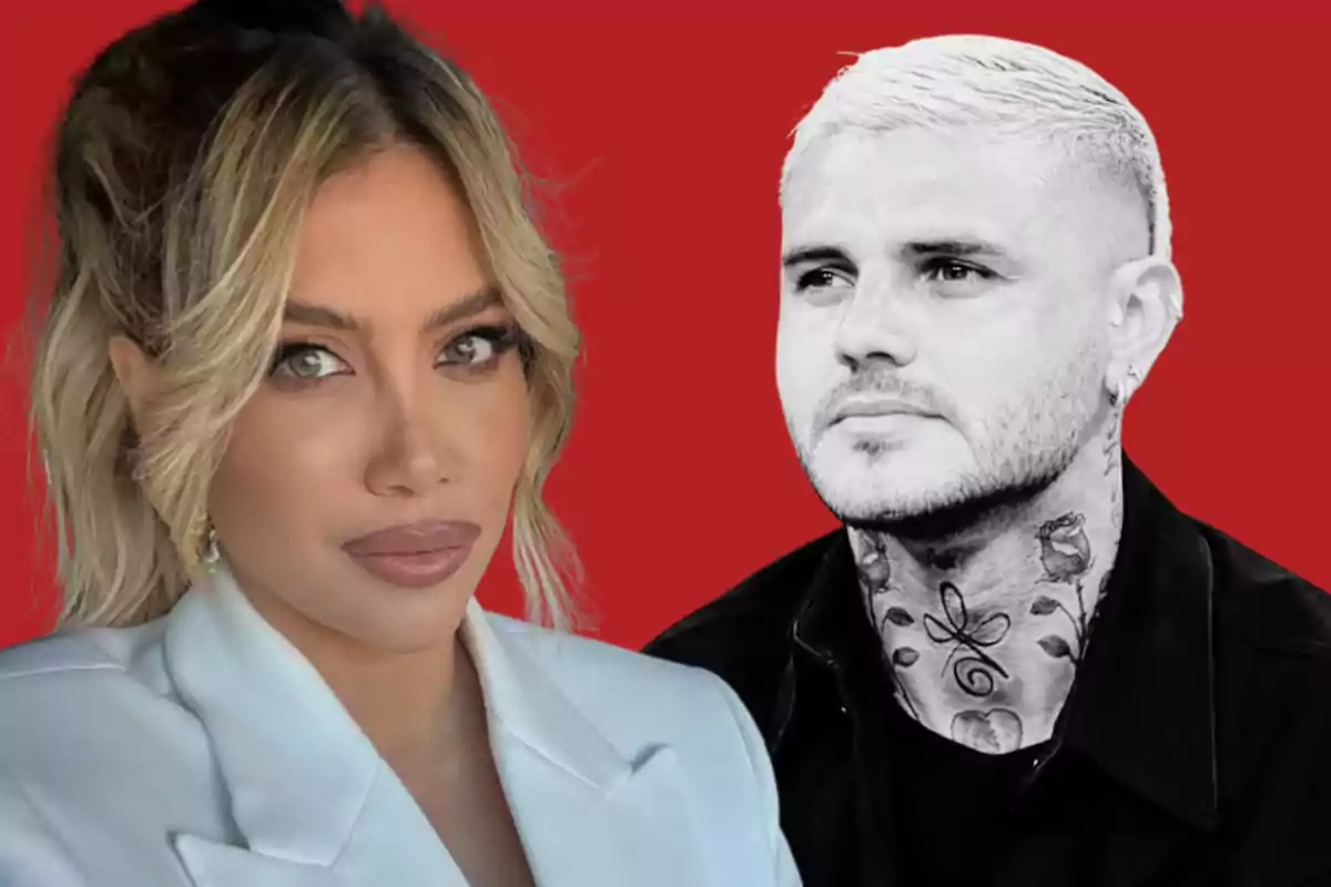Blonde woman in a white jacket and man with short hair and neck tattoos against a red background