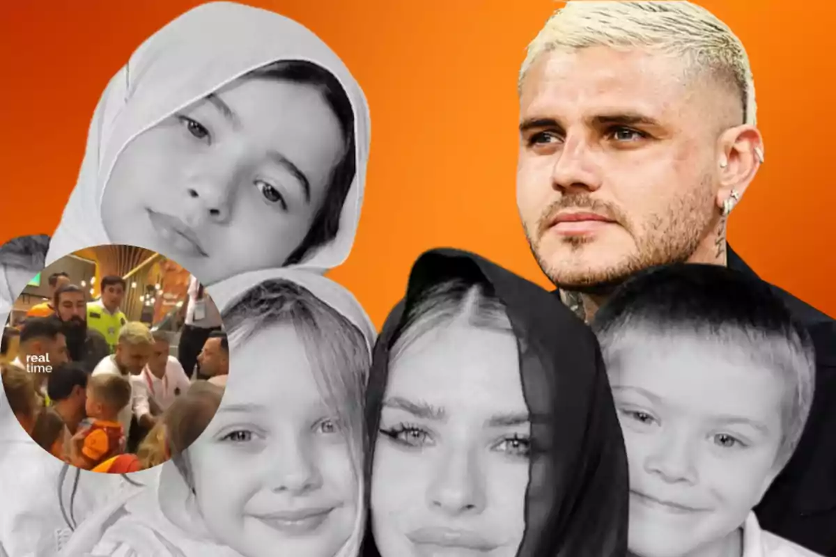 Collage of several people, some in black and white and others in color, on an orange background, with a circular frame showing a scene of interaction in a public place.