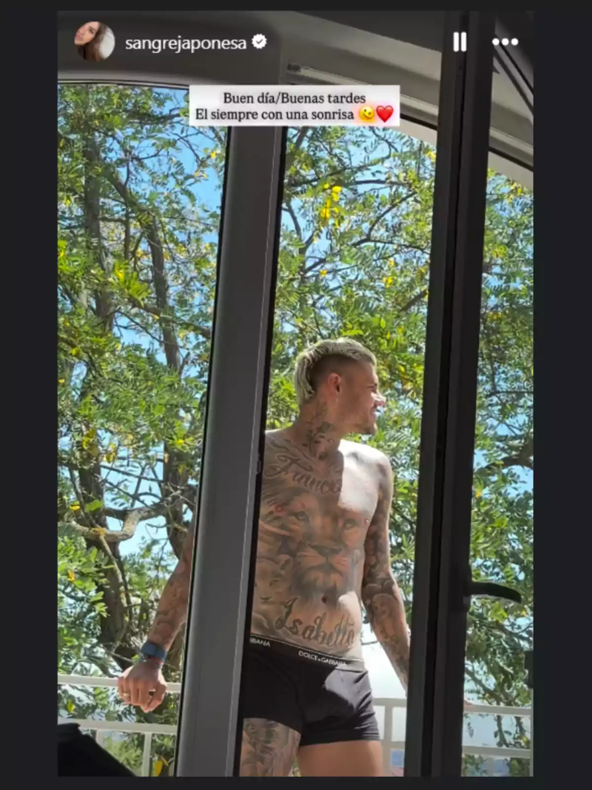 Tattooed man standing on a balcony, wearing black underwear, with trees and blue sky in the background, seen through a glass door Tattooed man standing on a balcony, wearing black underwear, with trees and blue sky in the background, seen through a glass door