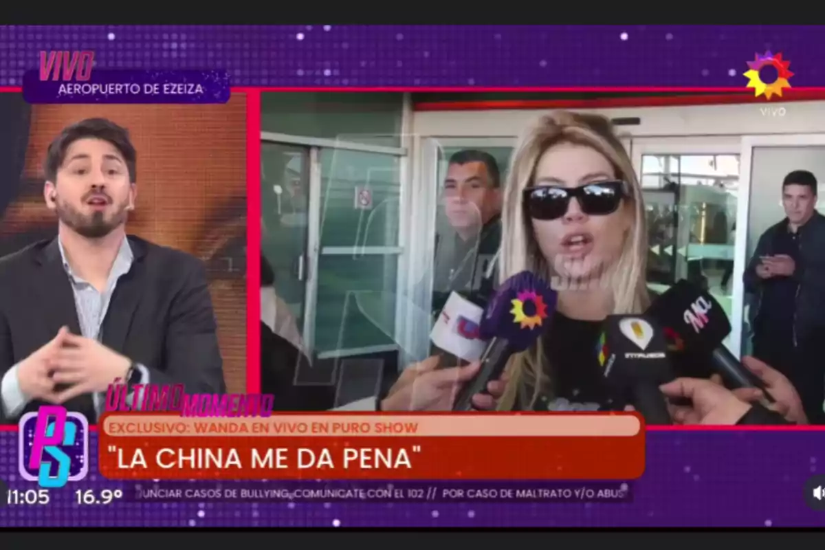Screenshot of a live TV show where a journalist interviews a blonde woman wearing sunglasses at Ezeiza airport while several microphones surround her, and the text Screenshot of a live TV show where a journalist interviews a blonde woman wearing sunglasses at Ezeiza airport while several microphones surround her, and the text