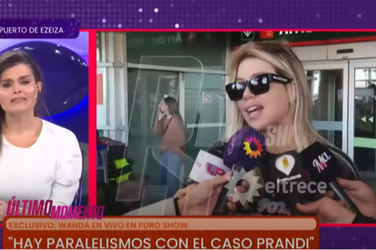 Screenshot of a television program where a female anchor reports from the studio and a blonde woman wearing dark glasses gives statements to several microphones at the entrance of an airport, with graphics and on-screen text about breaking news. Screenshot of a television program where a female anchor reports from the studio and a blonde woman wearing dark glasses gives statements to several microphones at the entrance of an airport, with graphics and on-screen text about breaking news.
