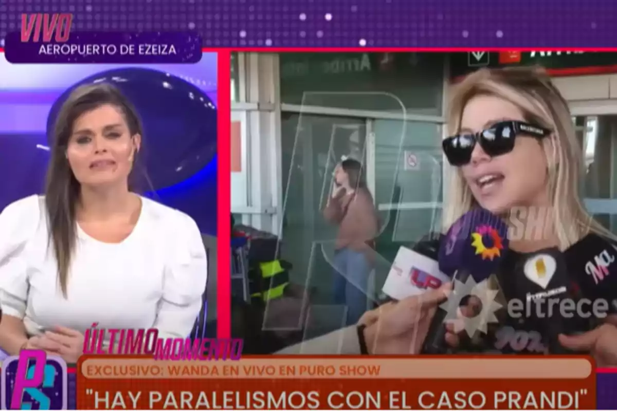 Pantalla dividida de un programa de televisión en vivo desde el aeropuerto de Ezeiza, con una conductora a la izquierda y una mujer rubia con gafas oscuras dando una entrevista a la derecha, rodeada de micrófonos de distintos medios.