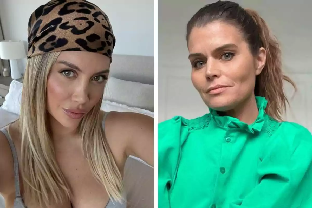 Dos mujeres posan para selfies, una lleva un pañuelo de estampado animal print y la otra viste una blusa verde brillante Dos mujeres posan para selfies, una lleva un pañuelo de estampado animal print y la otra viste una blusa verde brillante