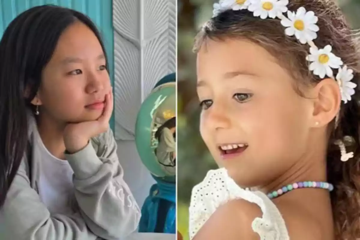 Dos niñas aparecen en la imagen, una de ellas está sentada apoyando la cara en su mano y la otra lleva una diadema de flores blancas y una blusa blanca con detalles calados. Dos niñas aparecen en la imagen, una de ellas está sentada apoyando la cara en su mano y la otra lleva una diadema de flores blancas y una blusa blanca con detalles calados.