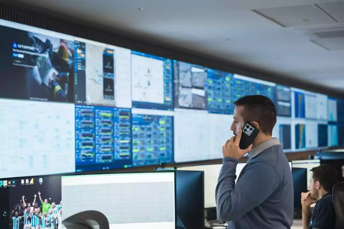 Man talking on the phone in a control room with multiple screens displaying data and graphs Man talking on the phone in a control room with multiple screens displaying data and graphs
