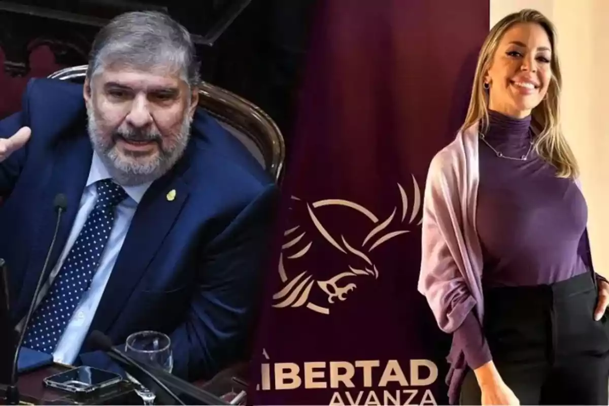 A man in a blue suit with a beard sitting at a desk and a blonde woman smiling, standing in front of a sign with an eagle logo and the words A man in a blue suit with a beard sitting at a desk and a blonde woman smiling, standing in front of a sign with an eagle logo and the words