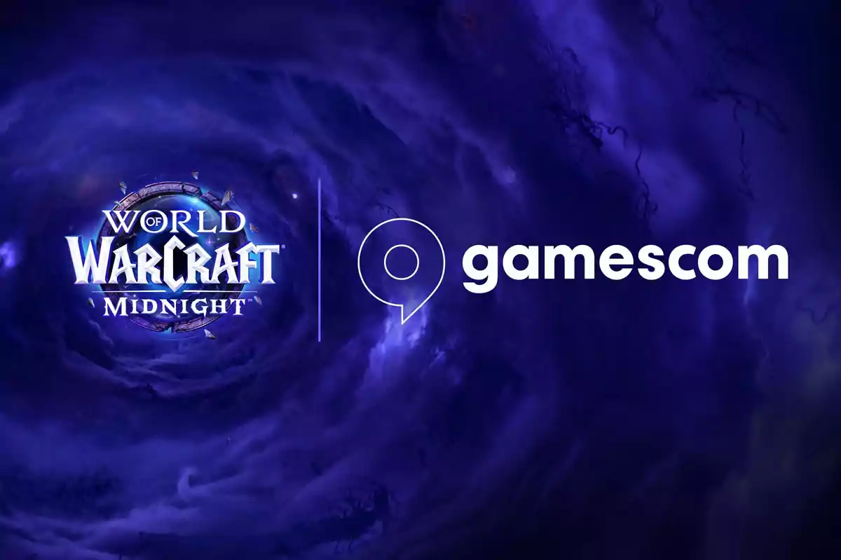 World of Warcraft Midnight logo next to the gamescom logo on a dark blue background with mystical swirls World of Warcraft Midnight logo next to the gamescom logo on a dark blue background with mystical swirls