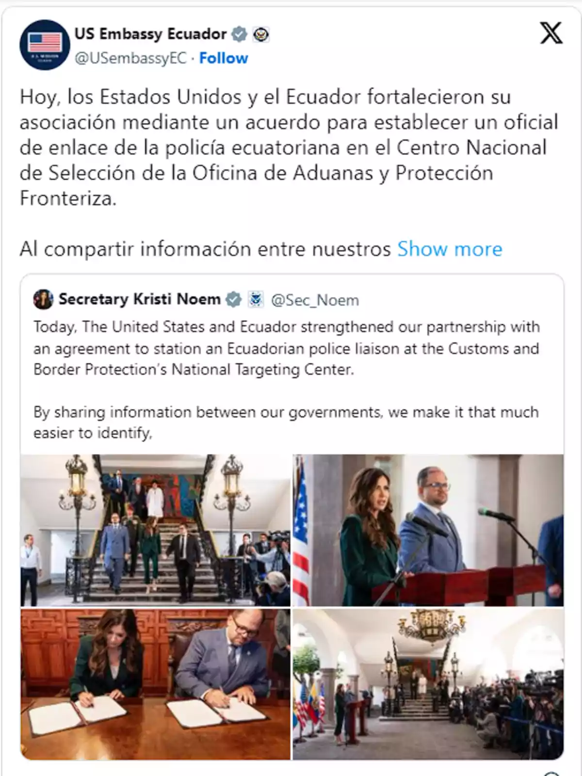 Post by the United States Embassy in Ecuador about strengthening bilateral cooperation, featuring images of an official ceremony, document signing, and speeches between representatives of both countries Post by the United States Embassy in Ecuador about strengthening bilateral cooperation, featuring images of an official ceremony, document signing, and speeches between representatives of both countries