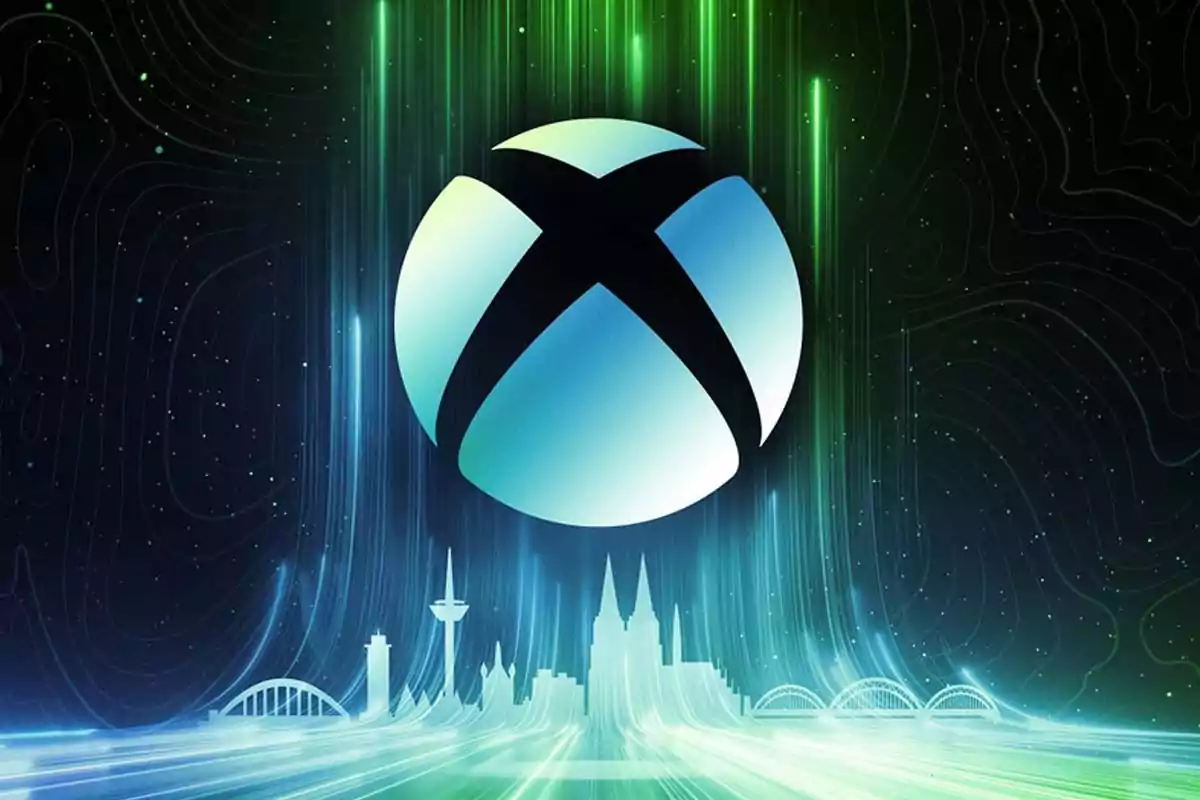 Xbox logo floating over a futuristic background with green lights and a city skyline in the distance Xbox logo floating over a futuristic background with green lights and a city skyline in the distance