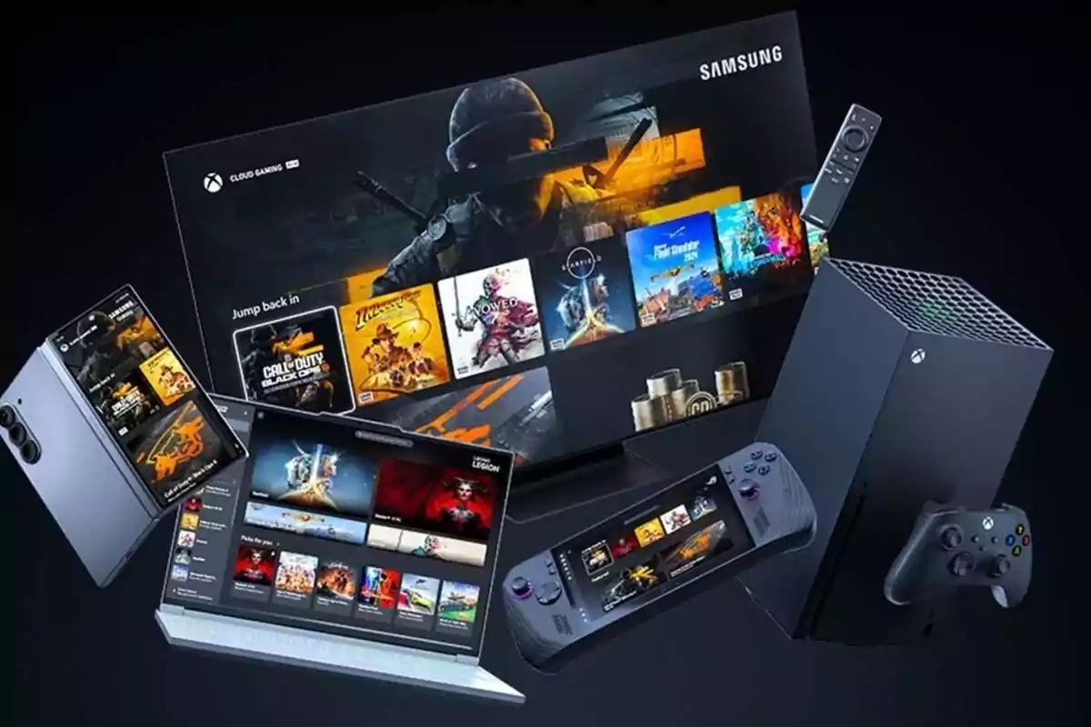 Varios dispositivos electrónicos como una consola Xbox, un televisor Samsung, un teléfono plegable, una laptop y una consola portátil muestran videojuegos en sus pantallas. Varios dispositivos electrónicos como una consola Xbox, un televisor Samsung, un teléfono plegable, una laptop y una consola portátil muestran videojuegos en sus pantallas.