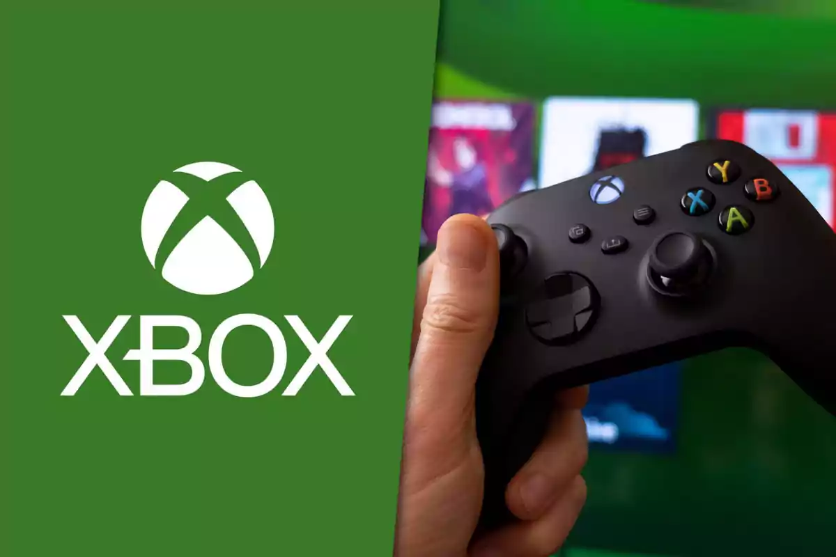 Person holding an Xbox controller in front of a screen with the Xbox logo on the left against a green background