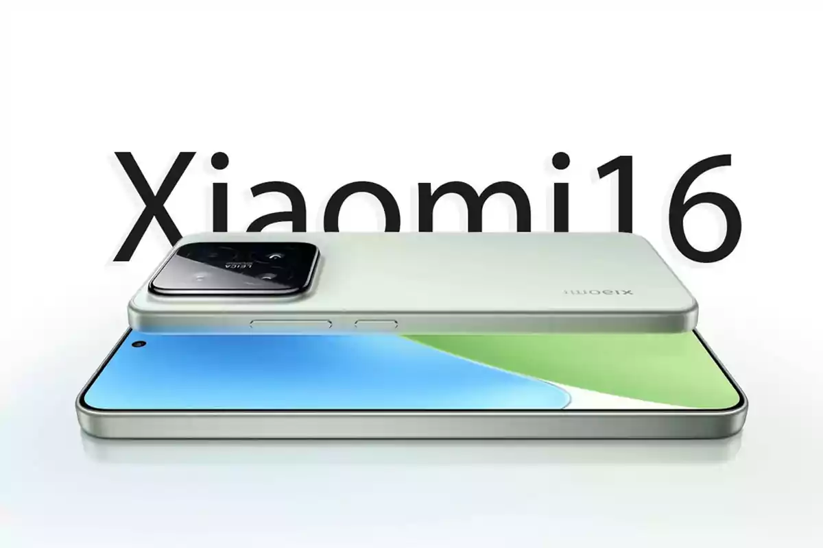 Xiaomi 16 phone in light color with the screen on and the rear camera visible against a white background Xiaomi 16 phone in light color with the screen on and the rear camera visible against a white background