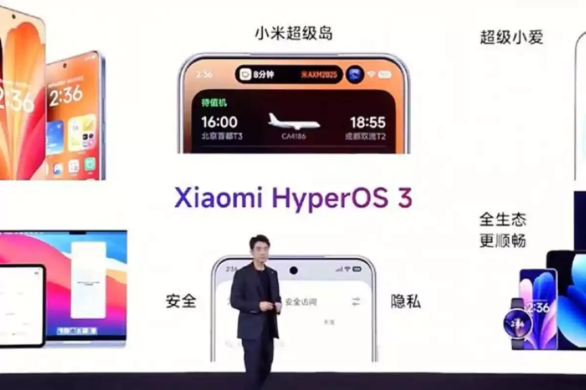 Xiaomi HyperOS 3 presentation showcasing various features and devices compatible with the operating system, with a person on stage explaining the new updates. Xiaomi HyperOS 3 presentation showcasing various features and devices compatible with the operating system, with a person on stage explaining the new updates.