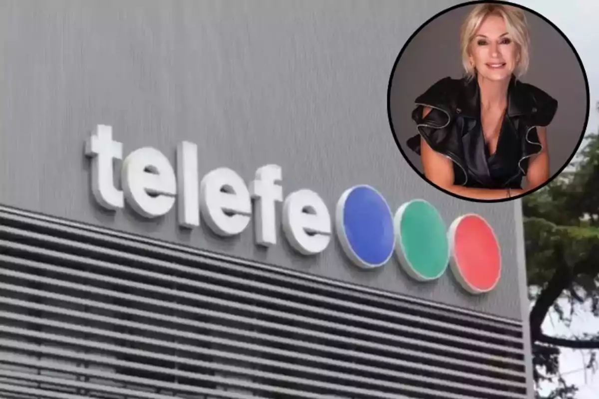 Facade of the Telefe channel with the logo and the image of a blonde woman in a circular frame in the upper right corner