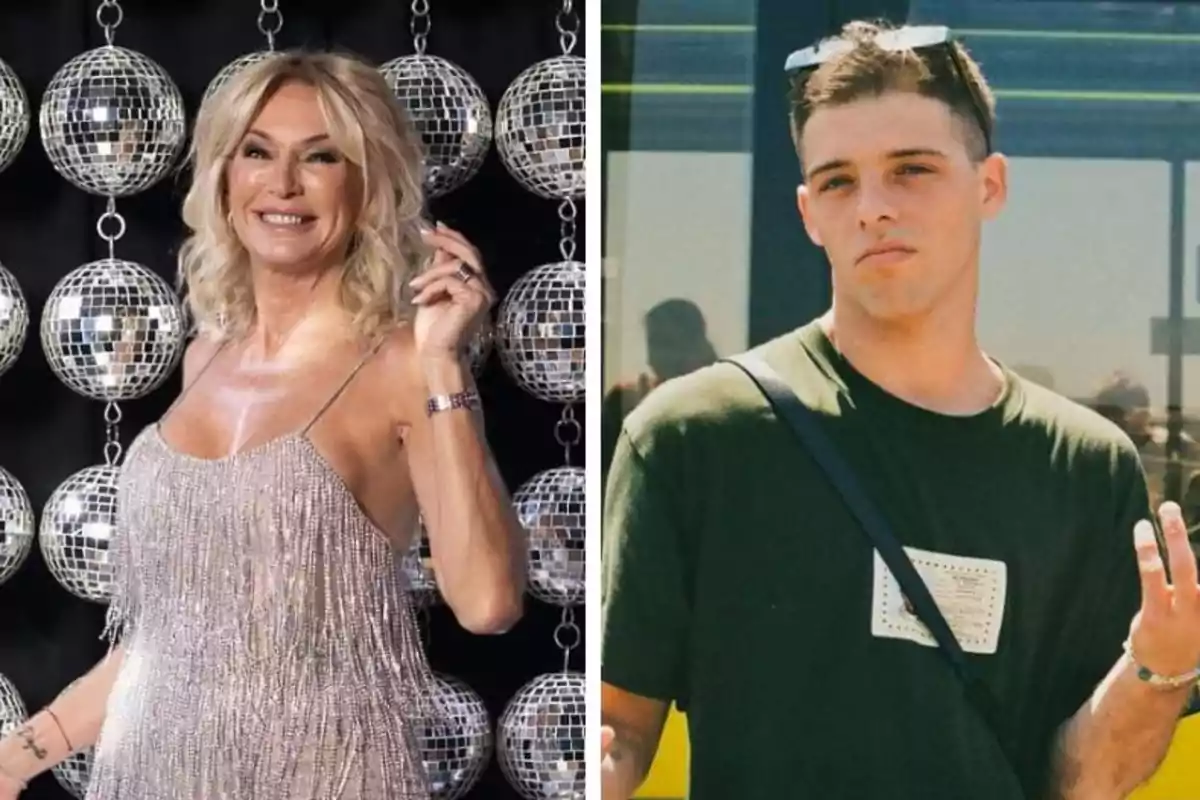 A smiling blonde woman in a shiny dress posing in front of mirror balls next to a young man with short hair, wearing a dark t-jersey and glasses on his head
