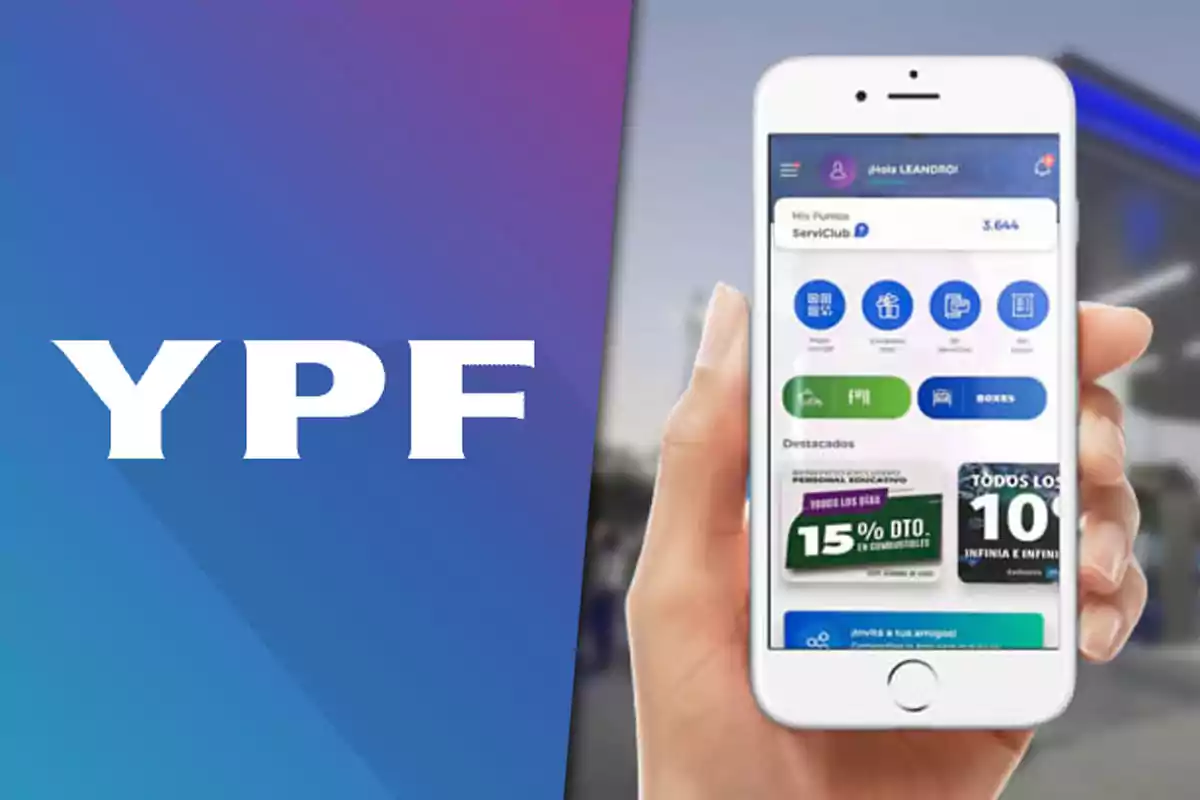 Logo de YPF a la izquierda y una mano sosteniendo un celular con la aplicación de YPF abierta a la derecha
