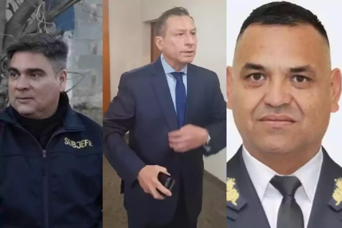 Tres hombres posan en diferentes escenarios, uno con chaqueta que dice subjefe, otro con traje azul y el tercero con uniforme formal
