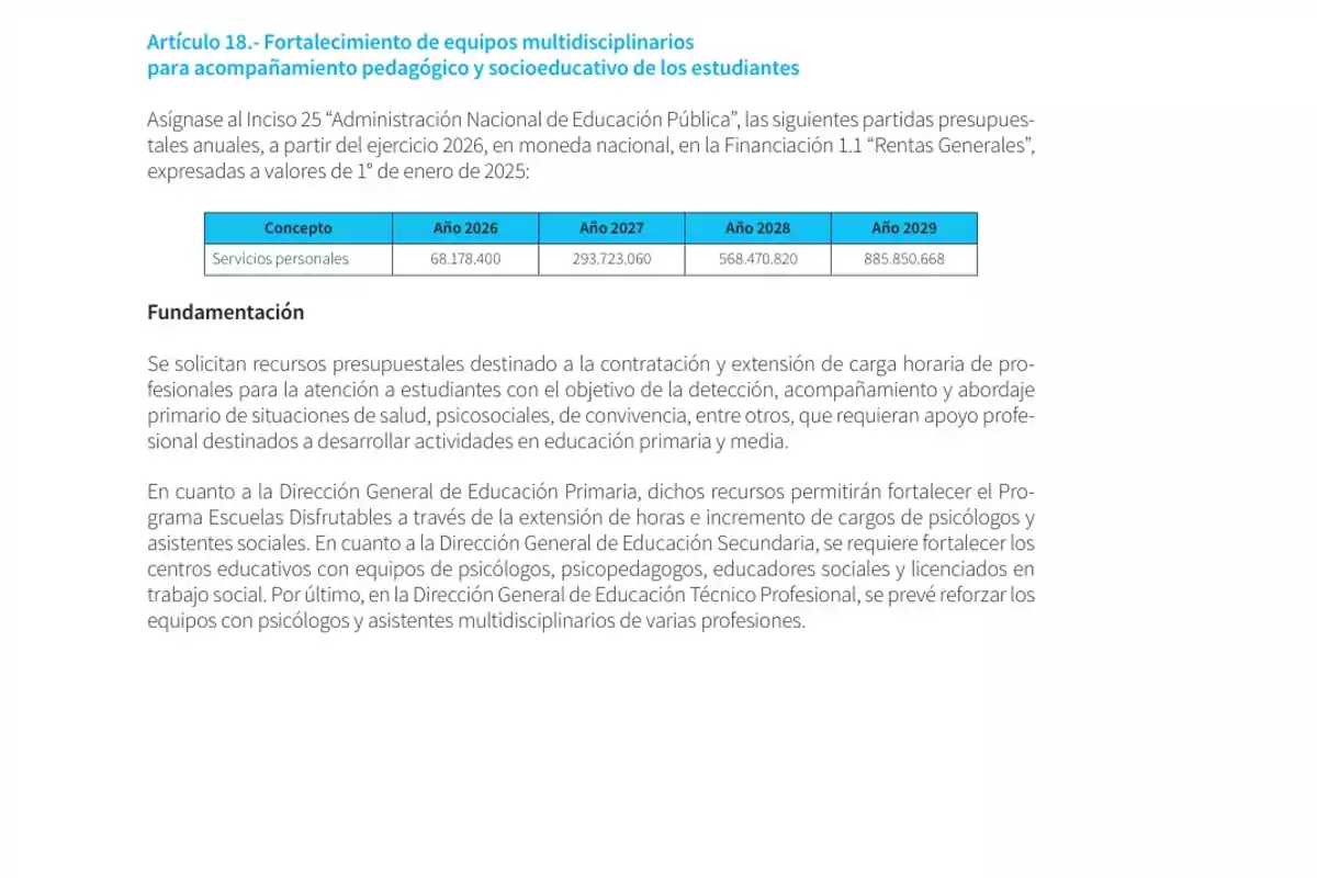 Fragmento de un documento que detalla el fortalecimiento de equipos multidisciplinarios para el acompañamiento pedagógico y socioeducativo de estudiantes, incluye una tabla con asignaciones presupuestales para servicios personales desde 2026 a 2029 y una fundamentación sobre la necesidad de recursos para contratar y ampliar la carga horaria de profesionales en educación primaria, secundaria y técnica. Fragmento de un documento que detalla el fortalecimiento de equipos multidisciplinarios para el acompañamiento pedagógico y socioeducativo de estudiantes, incluye una tabla con asignaciones presupuestales para servicios personales desde 2026 a 2029 y una fundamentación sobre la necesidad de recursos para contratar y ampliar la carga horaria de profesionales en educación primaria, secundaria y técnica.