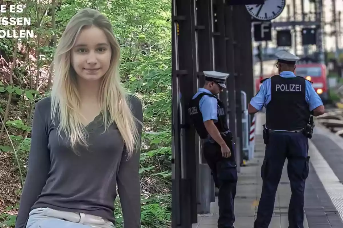 Una joven rubia posa en un entorno boscoso mientras dos policías alemanes patrullan una estación de tren.