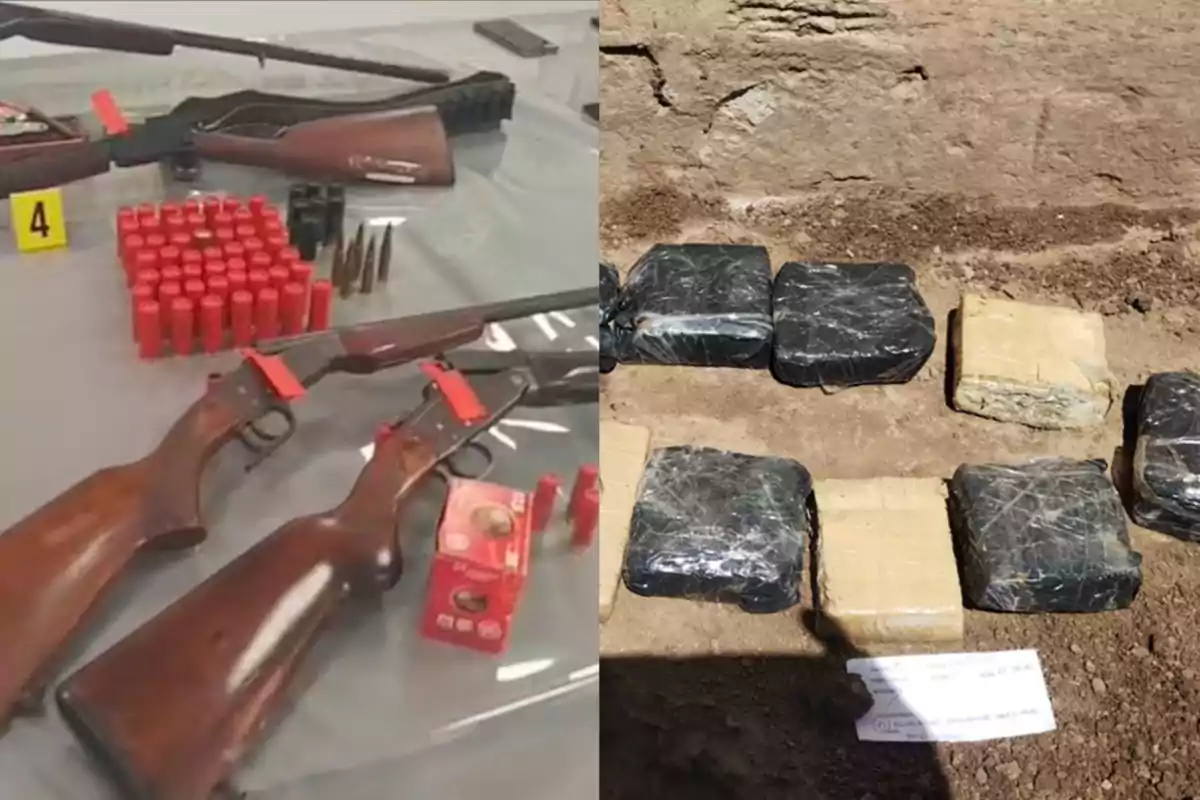 In the image, long guns, cartridges, and ammunition can be seen on a table next to several packages wrapped in black and beige plastic placed on the dirt floor.