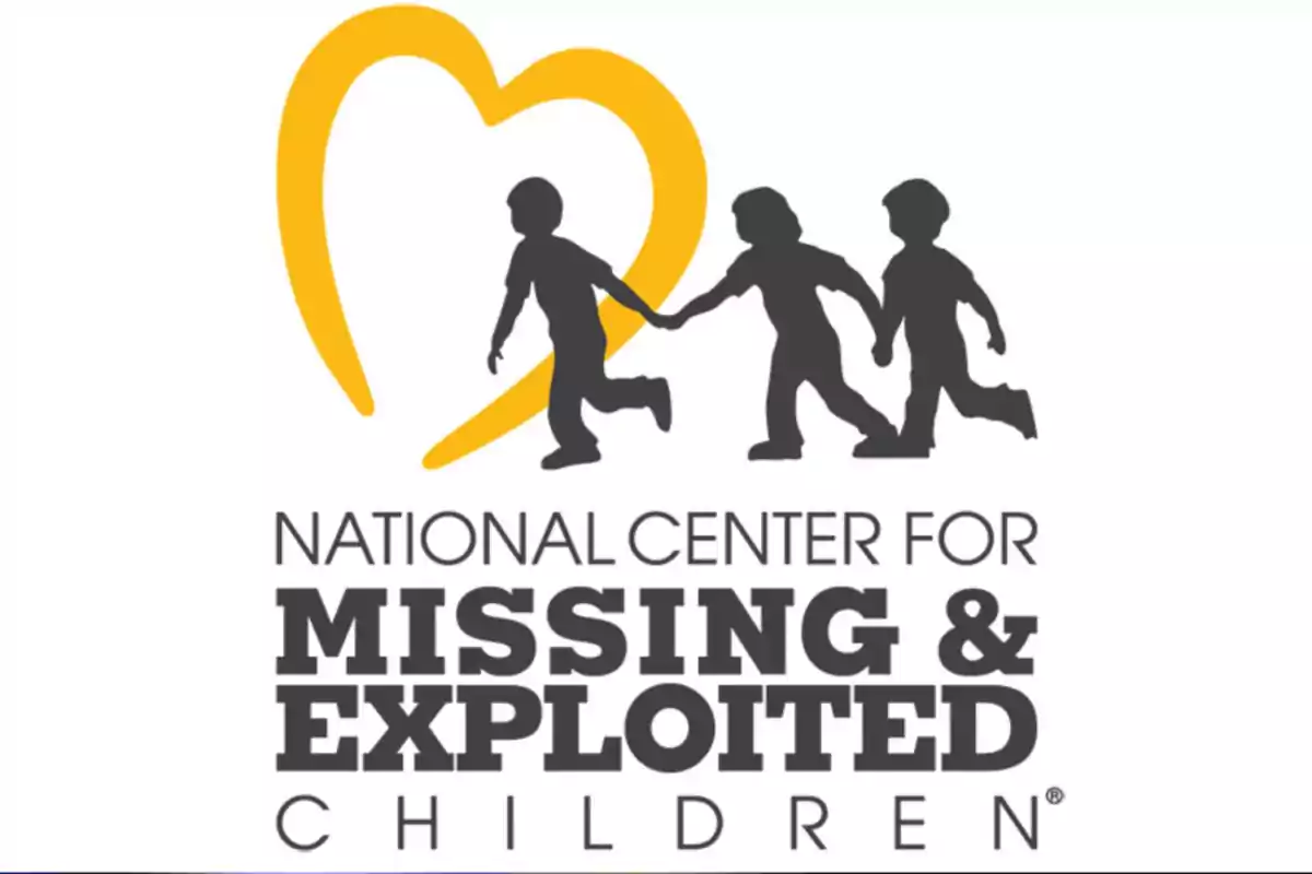 Logotipo del National Center for Missing and Exploited Children con la silueta de tres niños tomados de la mano y un corazón amarillo en el fondo
