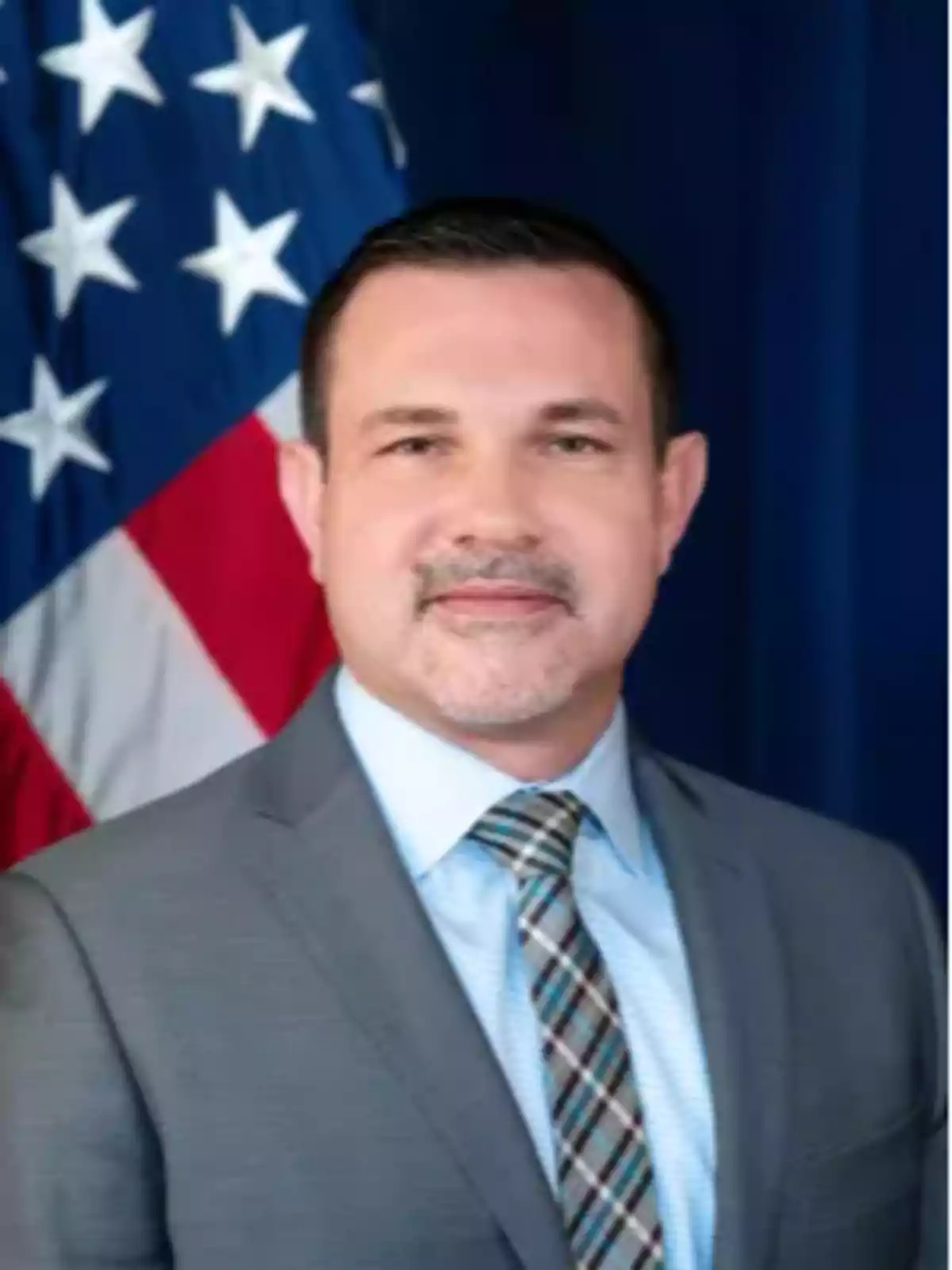Short-haired man with a trimmed beard wearing a gray suit and a checkered tie posing in front of a United States flag Short-haired man with a trimmed beard wearing a gray suit and a checkered tie posing in front of a United States flag
