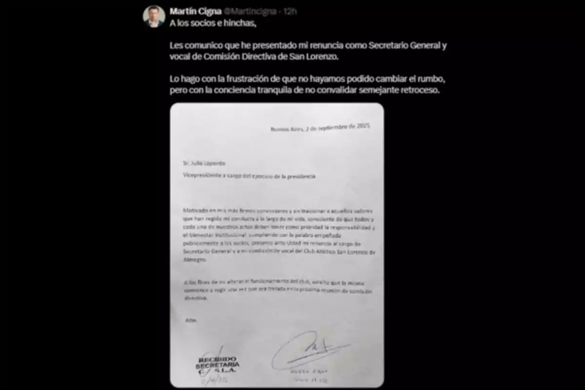 Martín Cigna’s post announcing his resignation as General Secretary and board member of San Lorenzo’s Executive Committee, accompanied by a formal letter addressed to the club’s vice president in which he explains the reasons for his decision and requests that the resignation take effect after the next executive committee meeting. Martín Cigna’s post announcing his resignation as General Secretary and board member of San Lorenzo’s Executive Committee, accompanied by a formal letter addressed to the club’s vice president in which he explains the reasons for his decision and requests that the resignation take effect after the next executive committee meeting.