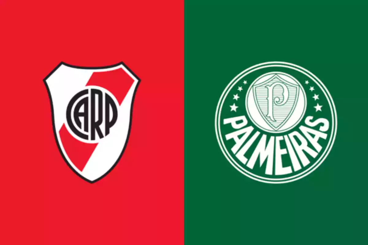 Badges of the soccer teams River Plate and Palmeiras on red and green backgrounds, respectively Badges of the soccer teams River Plate and Palmeiras on red and green backgrounds, respectively