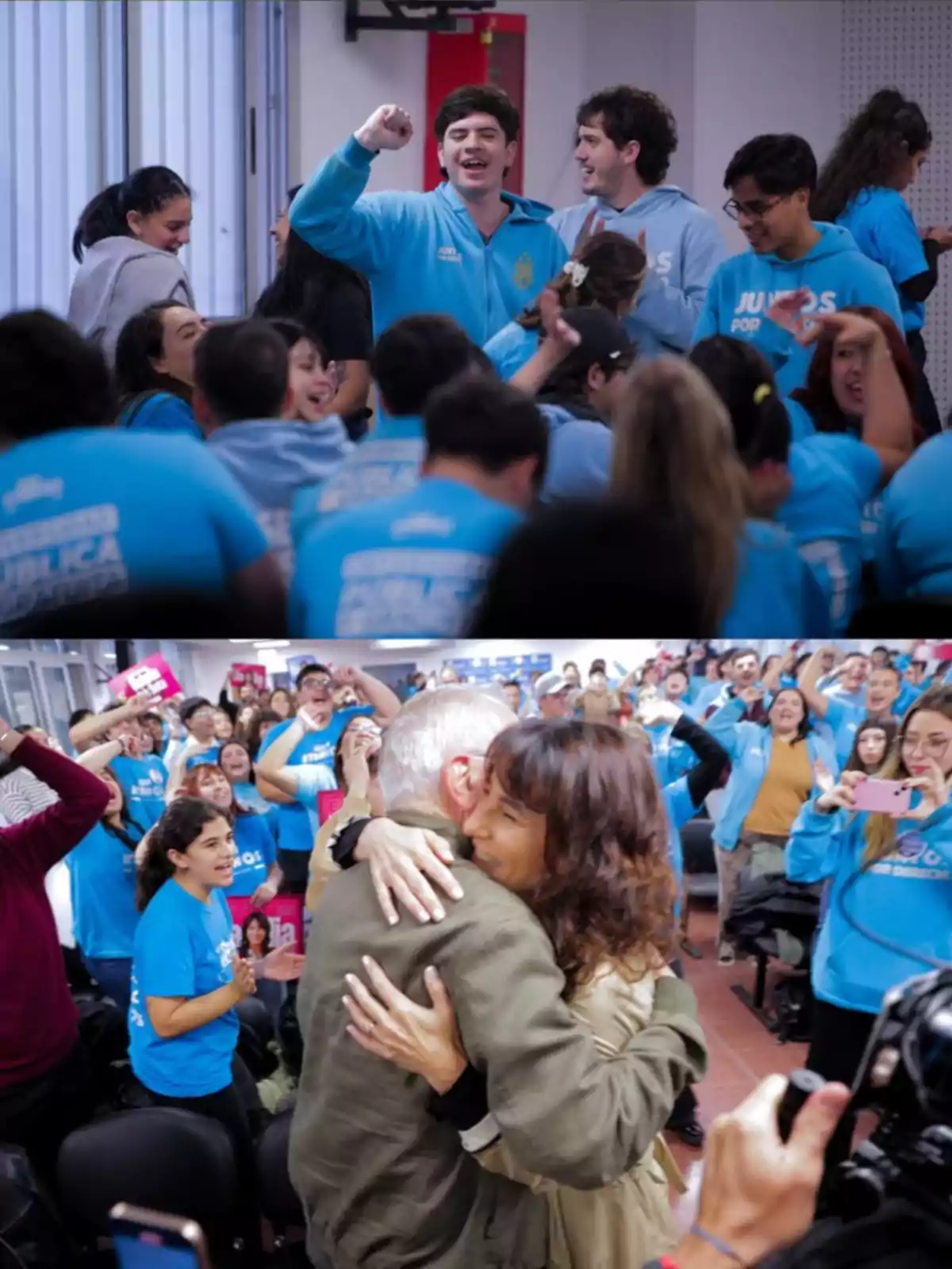 Group of people wearing light blue jerseys celebrating and hugging in an atmosphere of joy and camaraderie Group of people wearing light blue jerseys celebrating and hugging in an atmosphere of joy and camaraderie