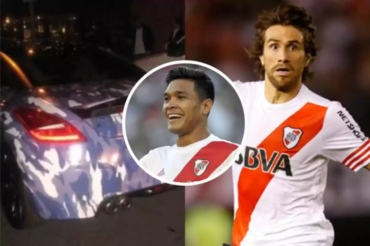 A sports car with a camouflage design and two players wearing River Plate uniforms