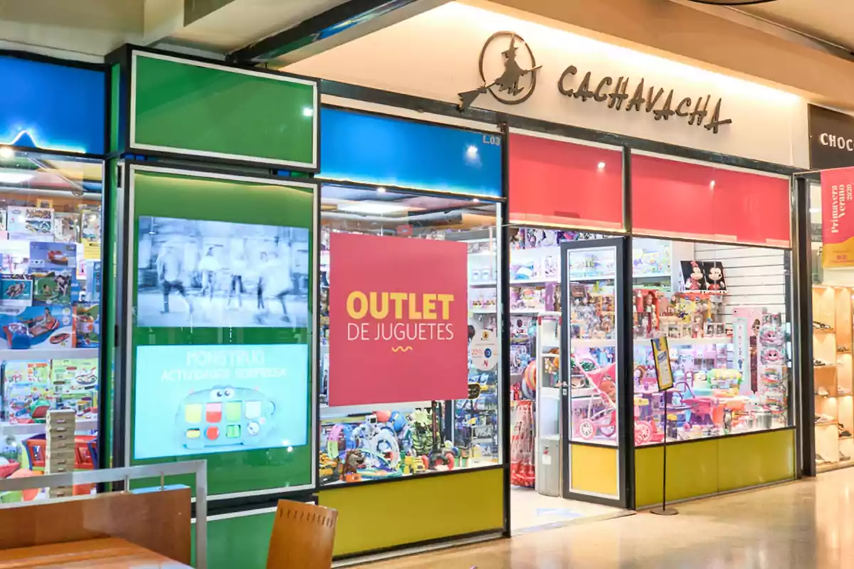 Storefront of a toy shop called Cachavacha with display windows full of colorful products and a sign that says Toy Outlet