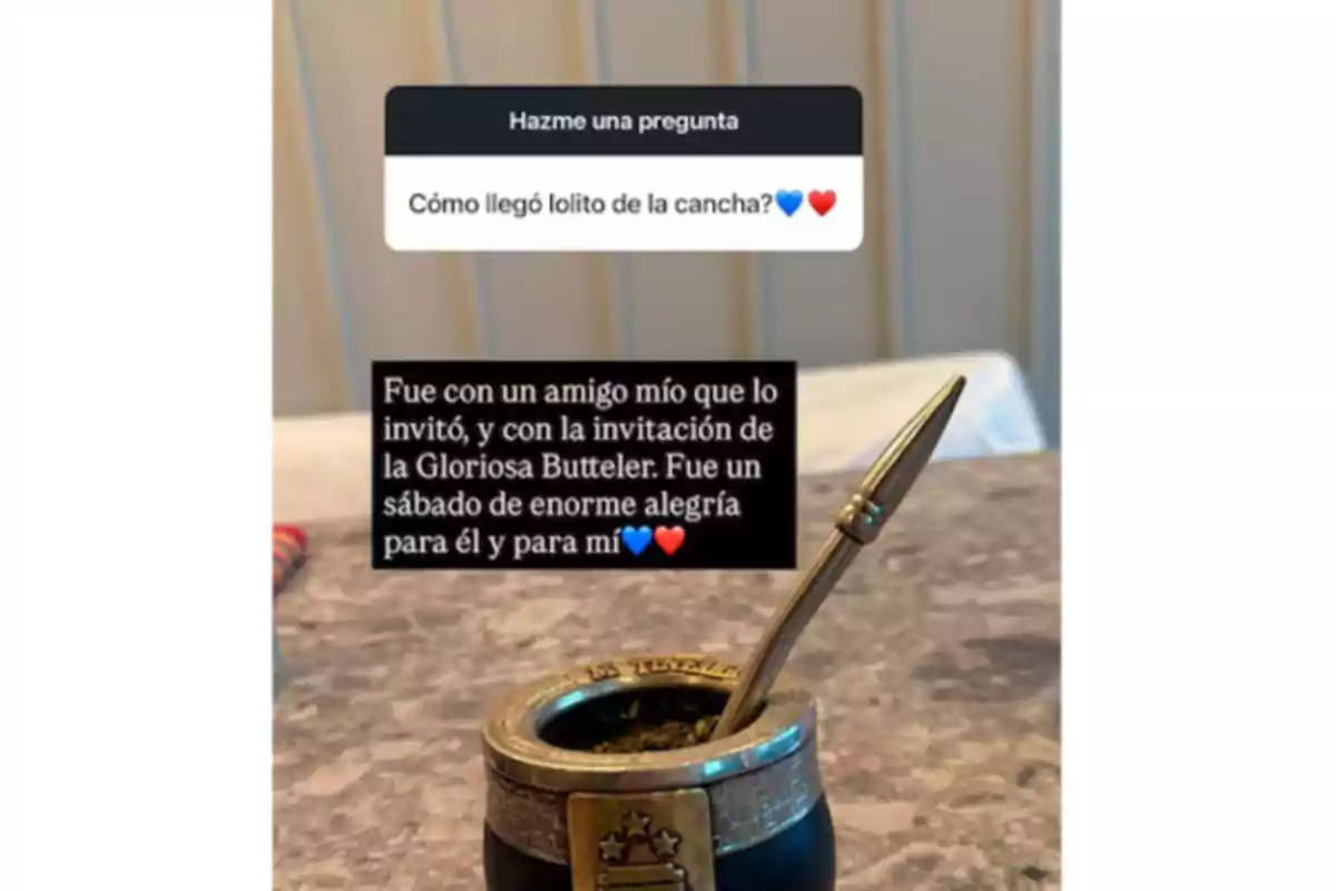 Image of a mate on a table with a metal straw, a wall in the background, and at the top there is a box with a question and an answer written on the image. Image of a mate on a table with a metal straw, a wall in the background, and at the top there is a box with a question and an answer written on the image.
