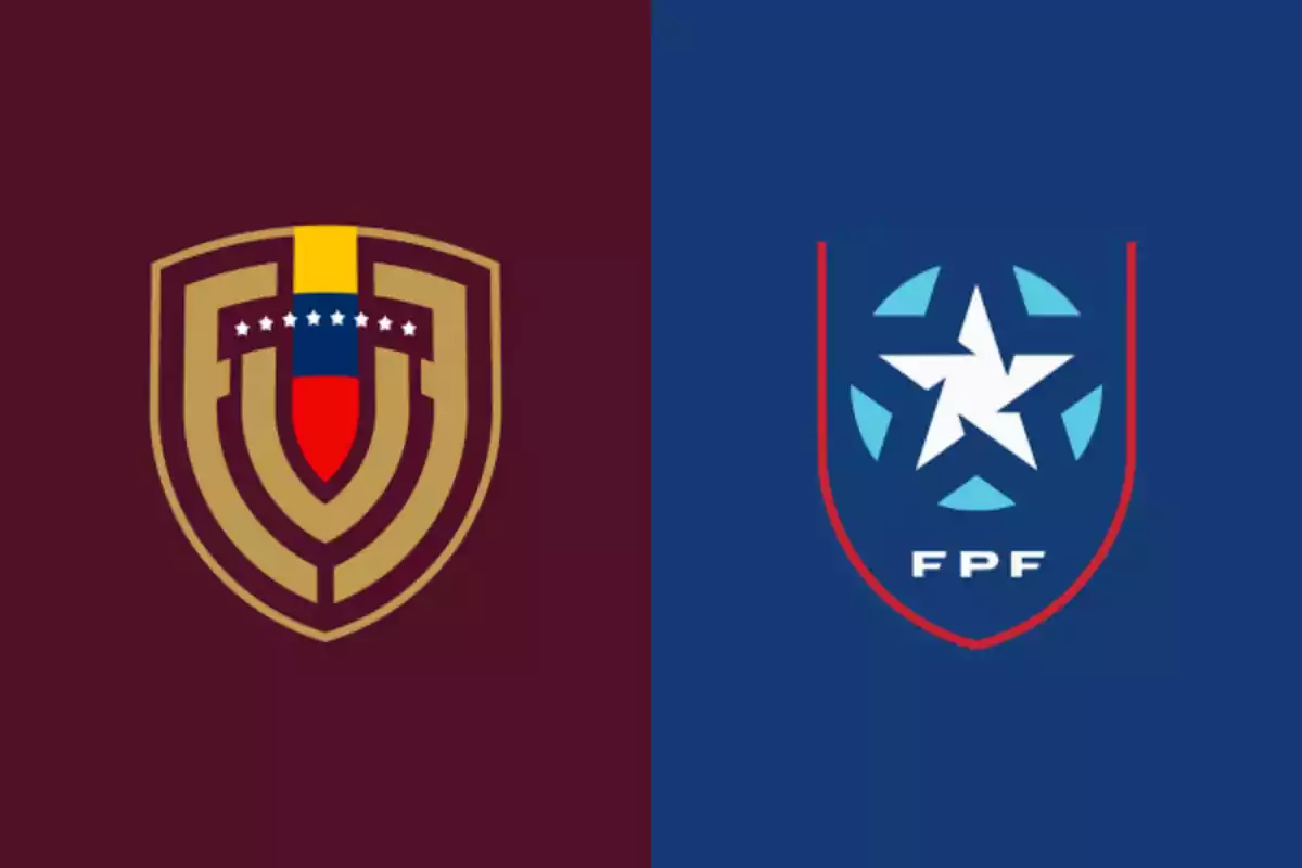 Escudos de las selecciones de fútbol de Venezuela y Perú sobre fondos burdeos y azul respectivamente Escudos de las selecciones de fútbol de Venezuela y Perú sobre fondos burdeos y azul respectivamente