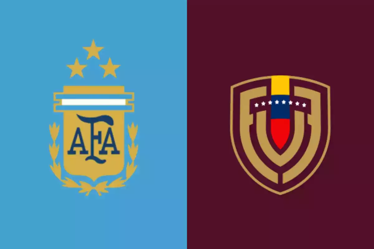 Badges of the Argentina and Venezuela national football teams on sky blue and burgundy backgrounds, respectively