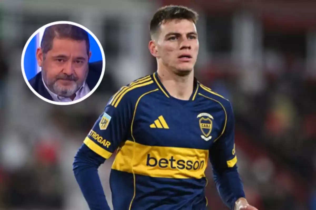 Futbolista con uniforme azul y amarillo de Boca Juniors en el campo de juego con un recuadro que muestra el rostro de un hombre de barba en la esquina superior izquierda