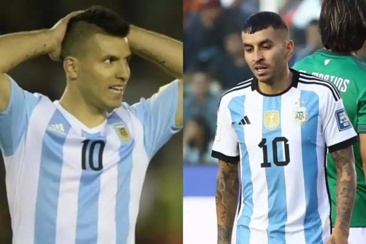 Dos futbolistas con la camiseta de la selección argentina y el número 10 en el pecho Dos futbolistas con la camiseta de la selección argentina y el número 10 en el pecho