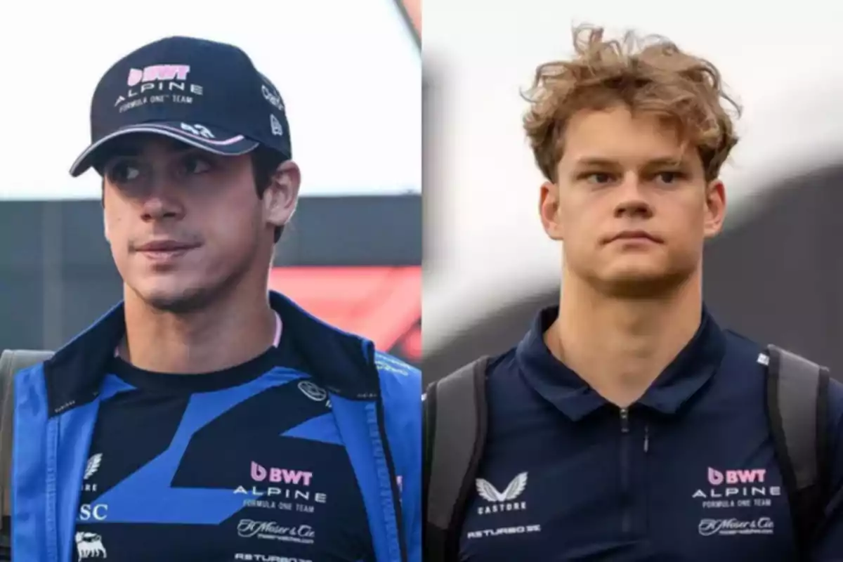 Two young people wearing Alpine F1 Team sportswear look ahead in different settings.