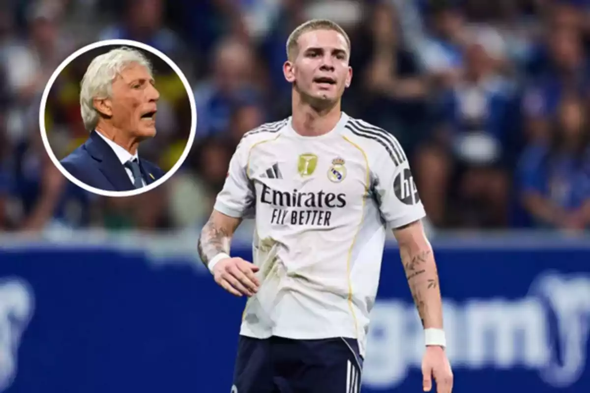 Un futbolista del Real Madrid en el campo con la imagen de un hombre mayor en un círculo en la esquina superior izquierda