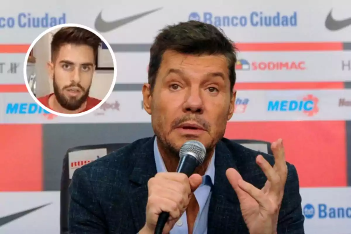 Hombre de cabello oscuro y barba hablando en una conferencia de prensa con un micrófono en la mano y un recuadro en la esquina superior izquierda mostrando el rostro de otro hombre joven con barba