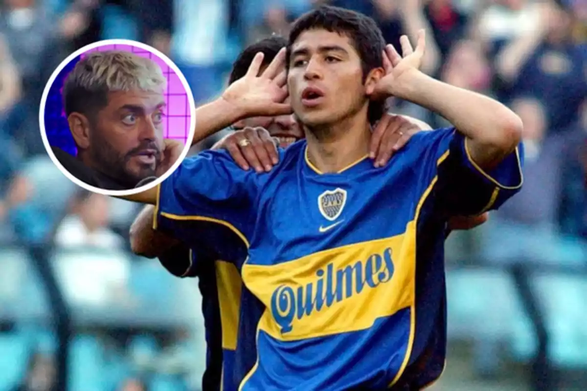 Boca Juniors player celebrating a goal with his hands on his ears and a box with a man's face in the top left corner