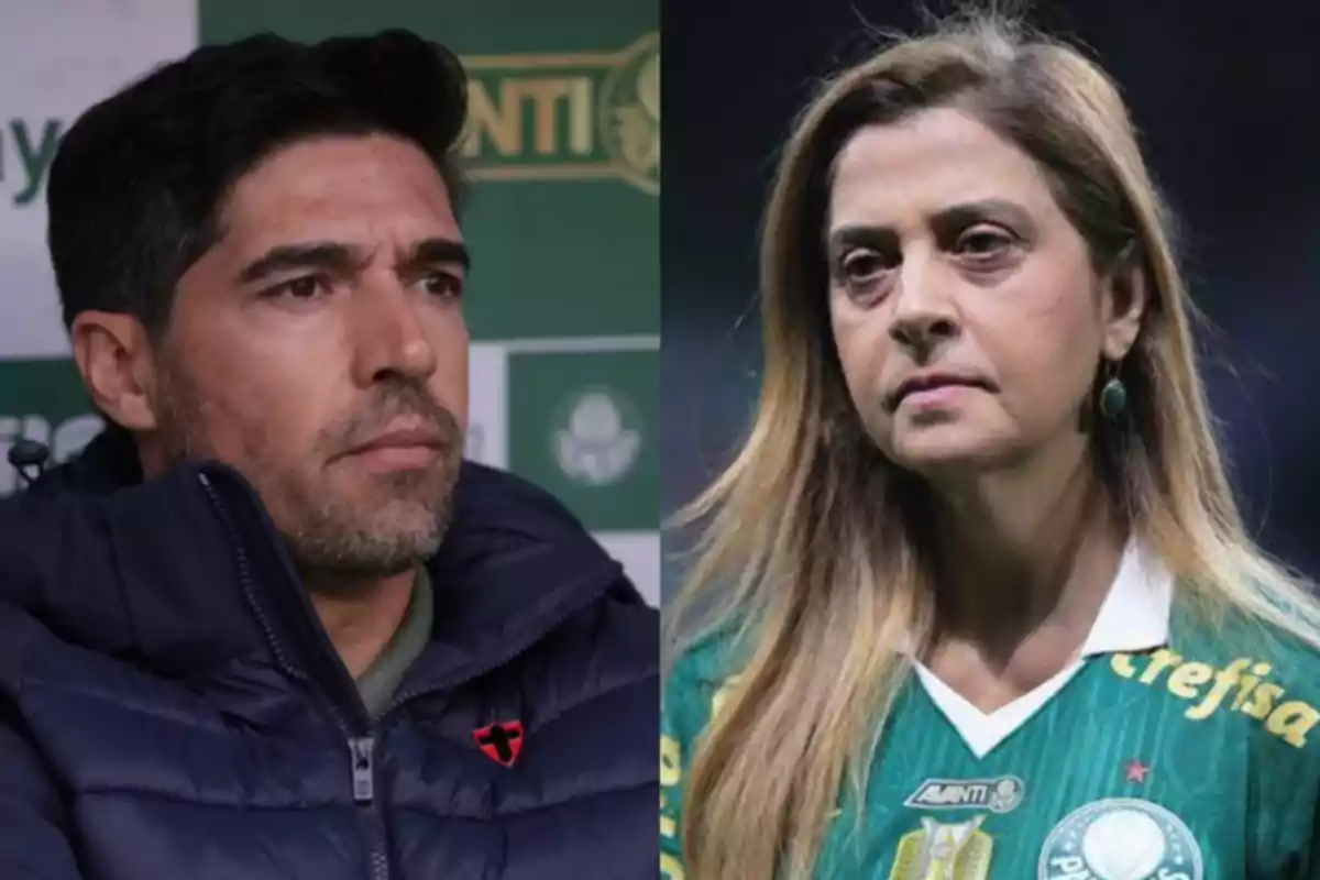 Two serious people, a man in a dark jacket and a woman in a green soccer jersey, both in sports settings.