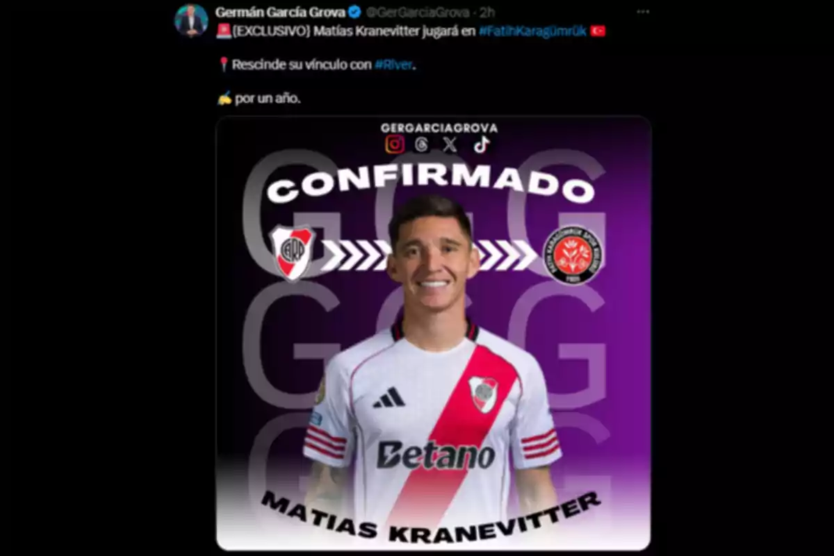Matías Kranevitter appears smiling in a River Plate jersey against a purple background, accompanied by the River Plate and Fatih Karagümrük crests, with the word Matías Kranevitter appears smiling in a River Plate jersey against a purple background, accompanied by the River Plate and Fatih Karagümrük crests, with the word