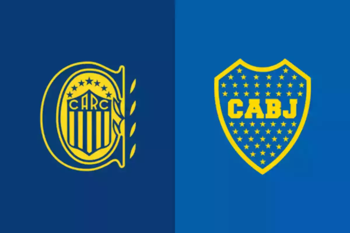 Escudos de Rosario Central y Boca Juniors sobre fondos azul y celeste Escudos de Rosario Central y Boca Juniors sobre fondos azul y celeste