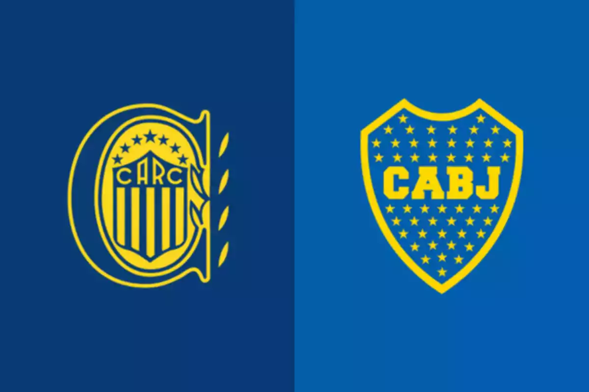 Badges of the soccer teams Rosario Central and Boca Juniors on blue and light blue backgrounds, respectively Badges of the soccer teams Rosario Central and Boca Juniors on blue and light blue backgrounds, respectively
